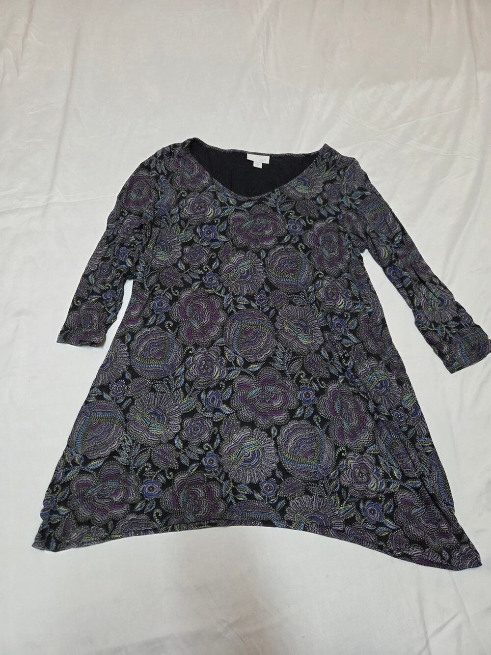 J. Jill Black Floral V-Neck Dress with Purple and Blue Accents
